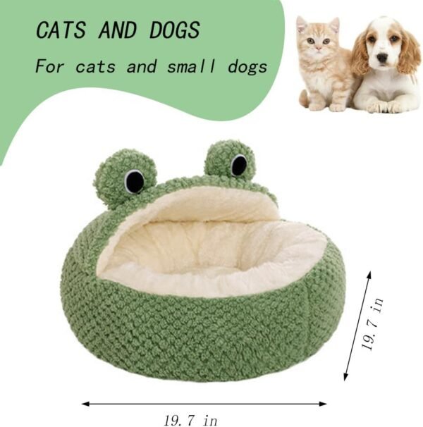 Cute Frog Hooded Cat Bed with Non-Slip Bottom, Covered Round Fluffy Frogs Cave Green, Semi-Closed Pet Mat for Cats and Small Dogs - Image 2