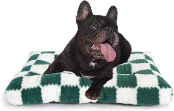 Small Dog Bed for Crate 24x18 Washable,for Puppy with Anti-Slip Bottom,Comfy Jacquard Shaggy Plush Kennel Pad for Small Dog Breeds Pet Sleeping Mat,Green Checks