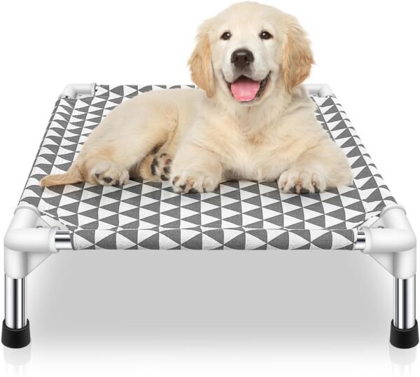 Outdoor Dog Bed, Cooling Pet Cot, Small Dog Bed, Indoor/Outdoor, Easy to Assemble, Grey, Triangle Pattern, Cotton, Medium, 21x21x5 inches