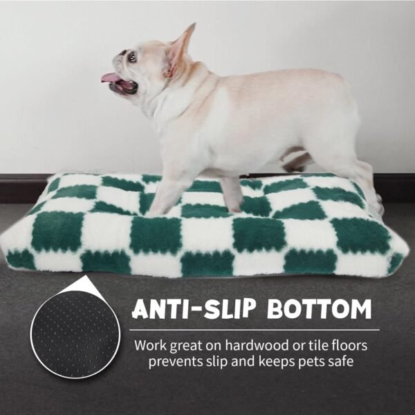 Small Dog Bed for Crate 24x18 Washable,for Puppy with Anti-Slip Bottom,Comfy Jacquard Shaggy Plush Kennel Pad for Small Dog Breeds Pet Sleeping Mat,Green Checks - Image 2