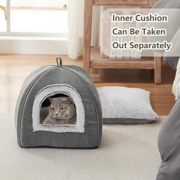 Cat Cave Beds for Indoor Cats-2-In-1 Cat Hole Bed,Soft and Warm Cat Tent Bed,Cat Teepee,Anti Slip Bottom Cat House,Folding Cat House Tent with Removable Washable Cushioned Pillow（Medium,Grey） - Image 2