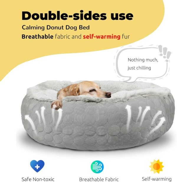 Dog Donut Round Calming Bed, Fluffy Dog Bed for Medium Large Dogs, Cooling Warming Soft Dog Cushion Bed, Double Sided Available Dog Bed with Warm & Cool Sides(30"x30"x9", Grey) - Image 2