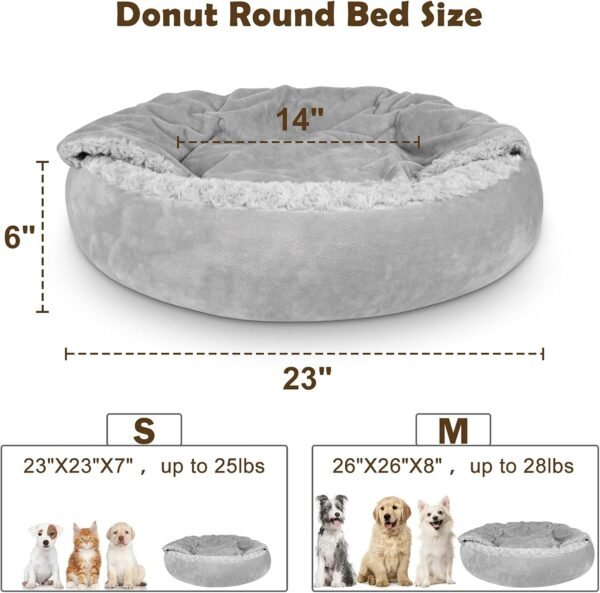 Small Dog Bed Cat Bed with Hooded Blanket, Cozy  Luxury Puppy Pet Bed, Donut Round Calming Anti-Anxiety Dog Burrow Cave Bed - Anti-Slip Bottom and Machine Washable 23 inch - Image 2