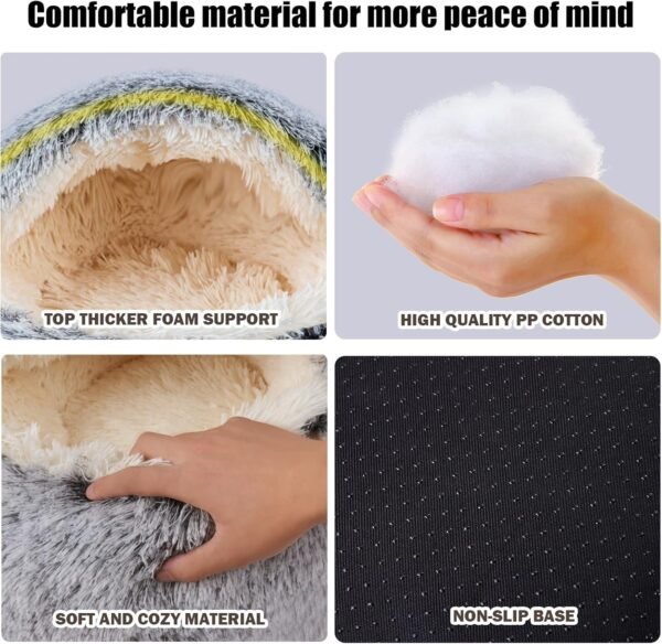 Calming Dog Beds & Cat Cave Bed with Hooded Cover,Removable Washable Round Beds for Small Medium Pets,Anti-Slip Faux Fur Fluffy Coved Bed,Comfortable Warming Pet Bed (20 * 20inch, Grey) - Image 2