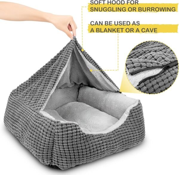 Dog Beds for Large Medium Small Dogs, Rectangle Cave Hooded Blanket Puppy Bed, Luxury Anti-Anxiety Orthopedic Cat Beds for Indoor Cats, Warmth and Machine Washable (35 inches, Grey) - Image 2